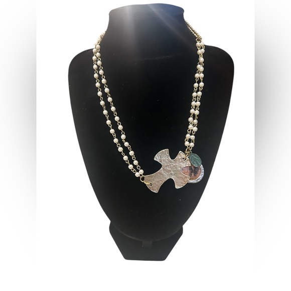Vintage Jewelry - Vintage gold chain with pearls and silver cross and penny  with large clasp
